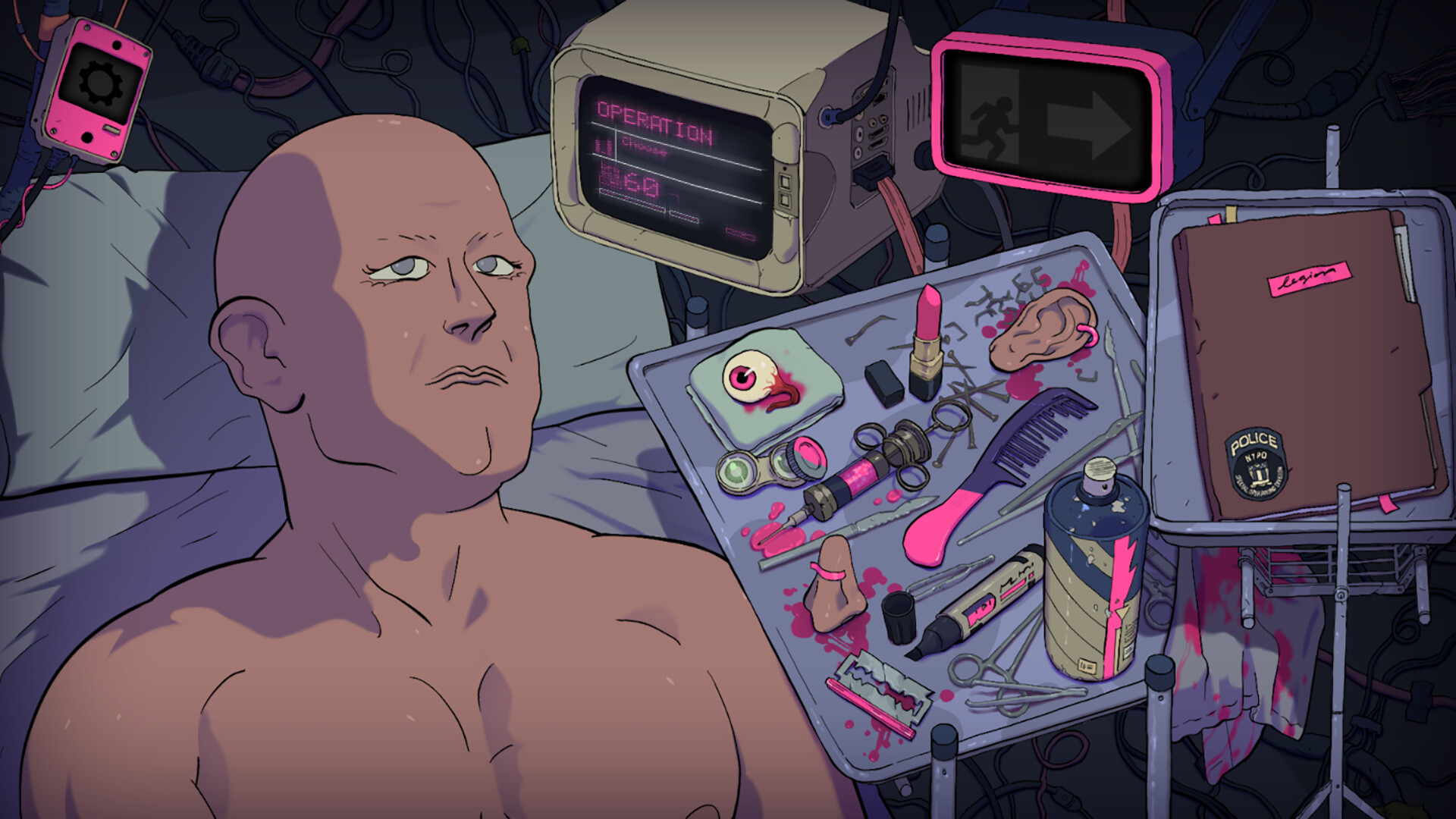 Legion lying in the operating room during a mission, beside a steel tray of prosthetic parts — a severed ear, an artificial eye, lipstick and scissors — with a dossier marked Legion and a police badge on the table.