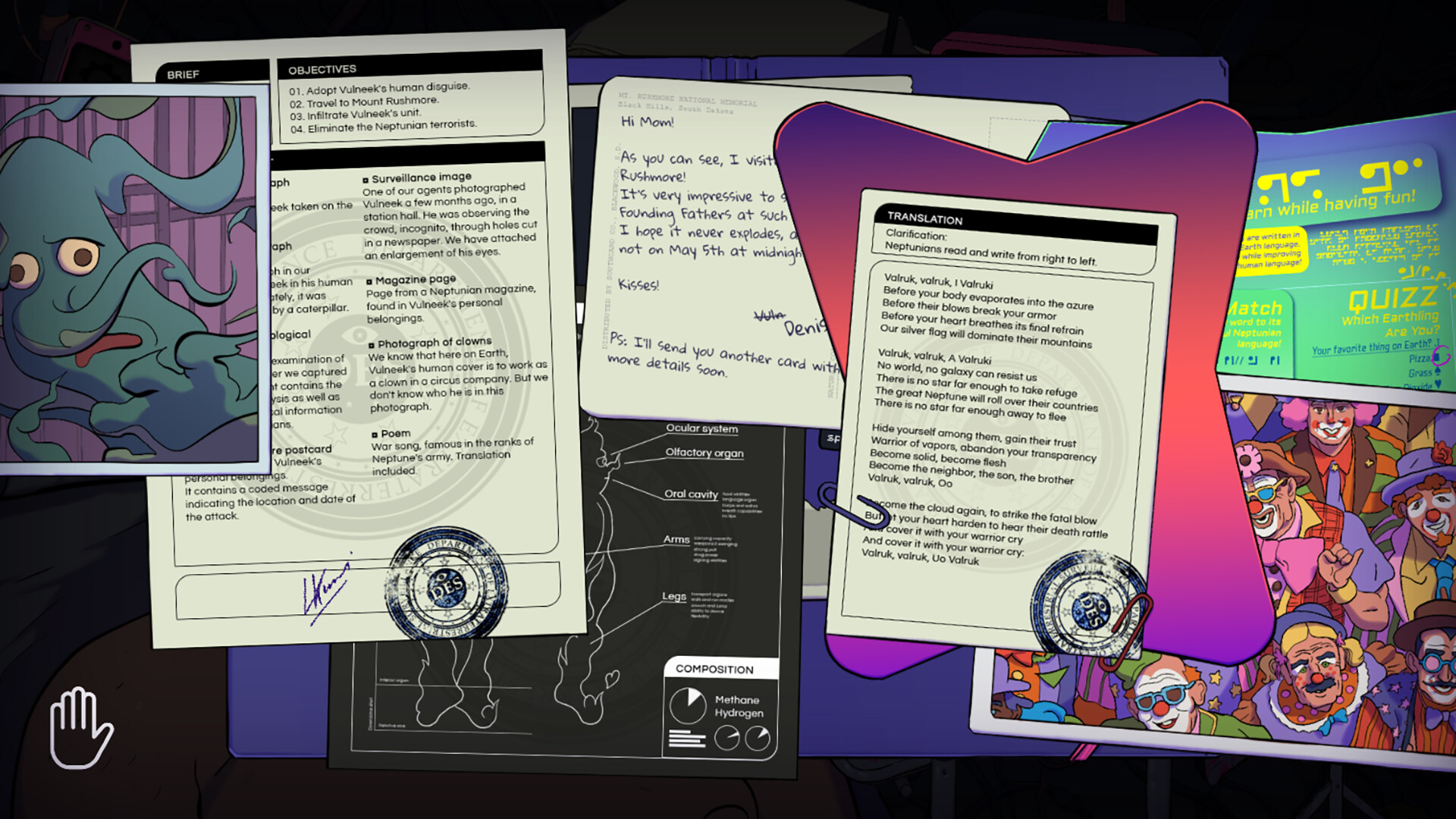 A mission dossier spread across a desk: brief and objectives sheets, a letter, a translation card, an anatomy diagram of the target, and a small hand icon marking the notes Legion carries.