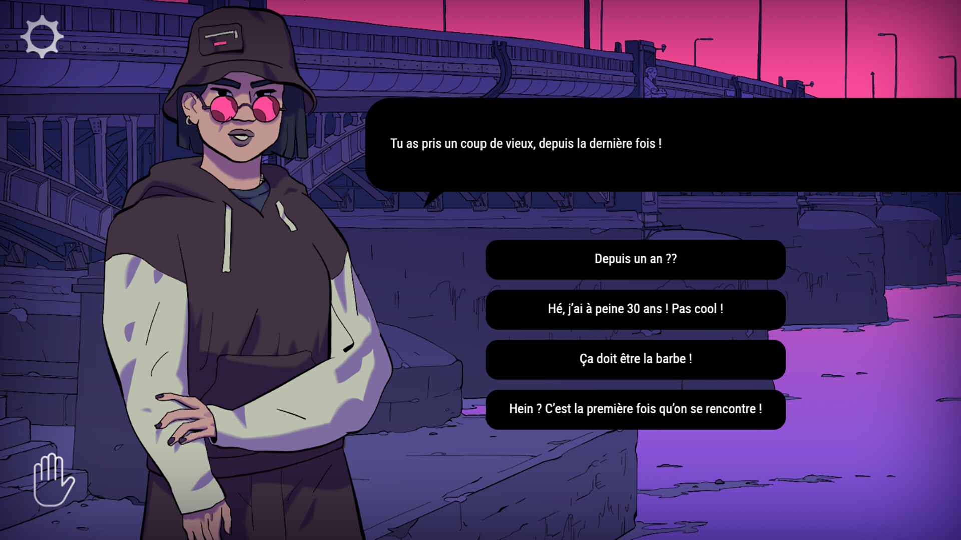 The interview phase: a target in a bucket hat and round pink sunglasses stands against a purple night city while a dialogue box and four stacked multiple-choice answers wait for a reply.